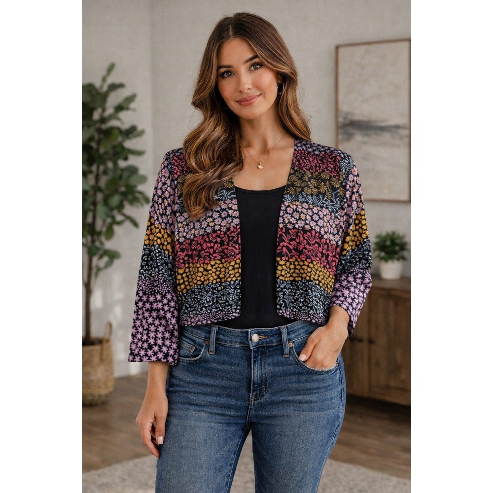 Isaac Mizrahi Live! Cardigan Wms L Multi Floral Knit Cropped Boho Cottagecore